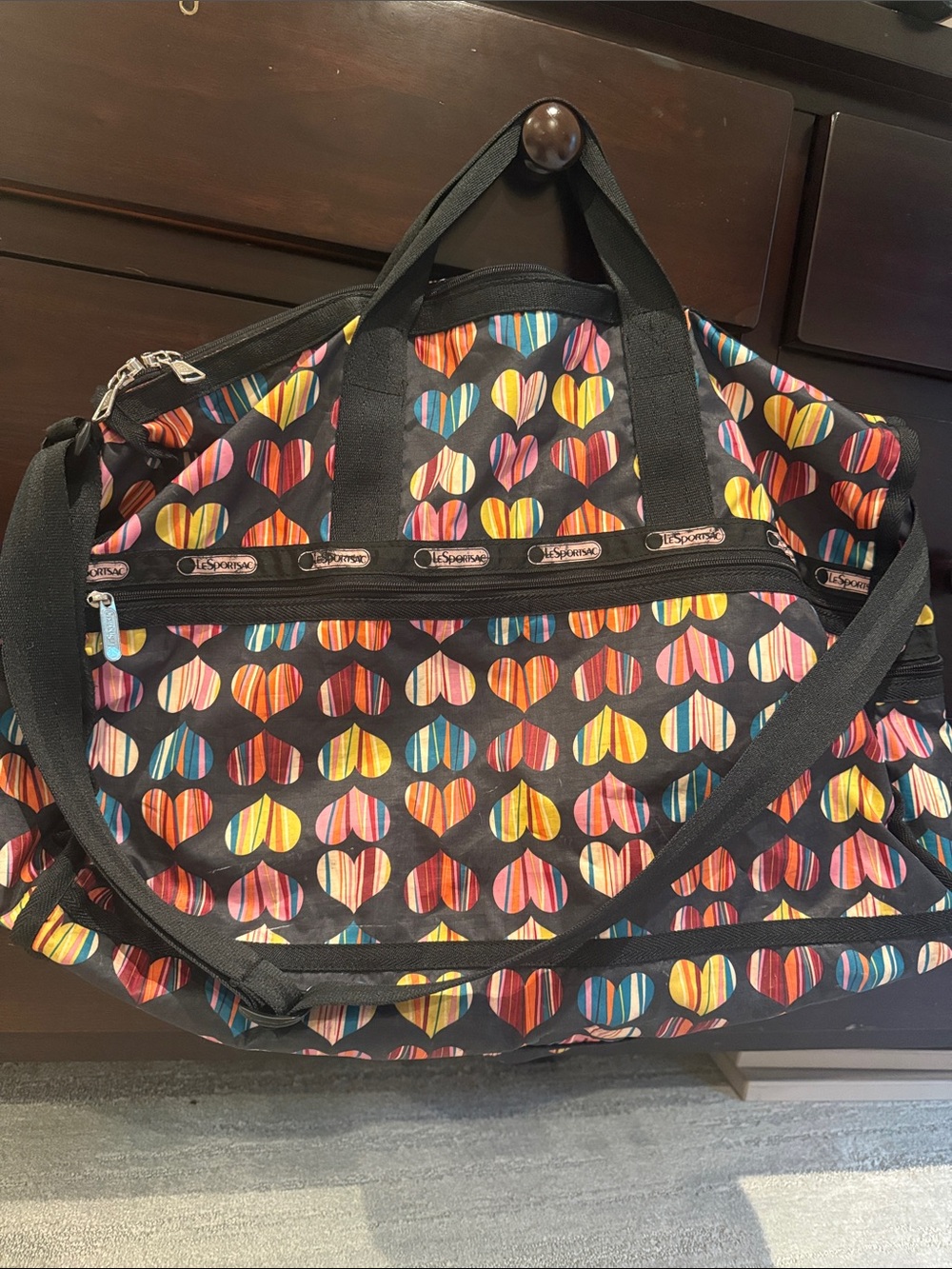 Lesportsac Nylon Weekender Bag with Rainbow Striped Hearts